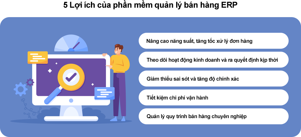 5 Lợi ích của phần mềm bán hàng ERP Phần mềm quản lý bán hàng ERP nâng cao hiệu suất công việc, tiết kiệm thời gian và đồng bộ dữ liệu nhanh chóng